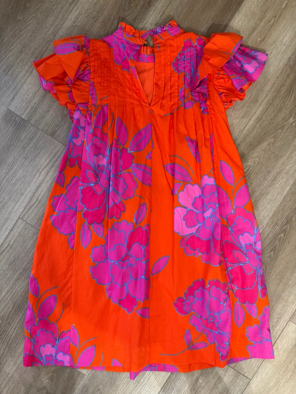 SugarLips Orange Dress with Hot Pink & Teal Floral Trim size SMALL - Picture 3 of 5